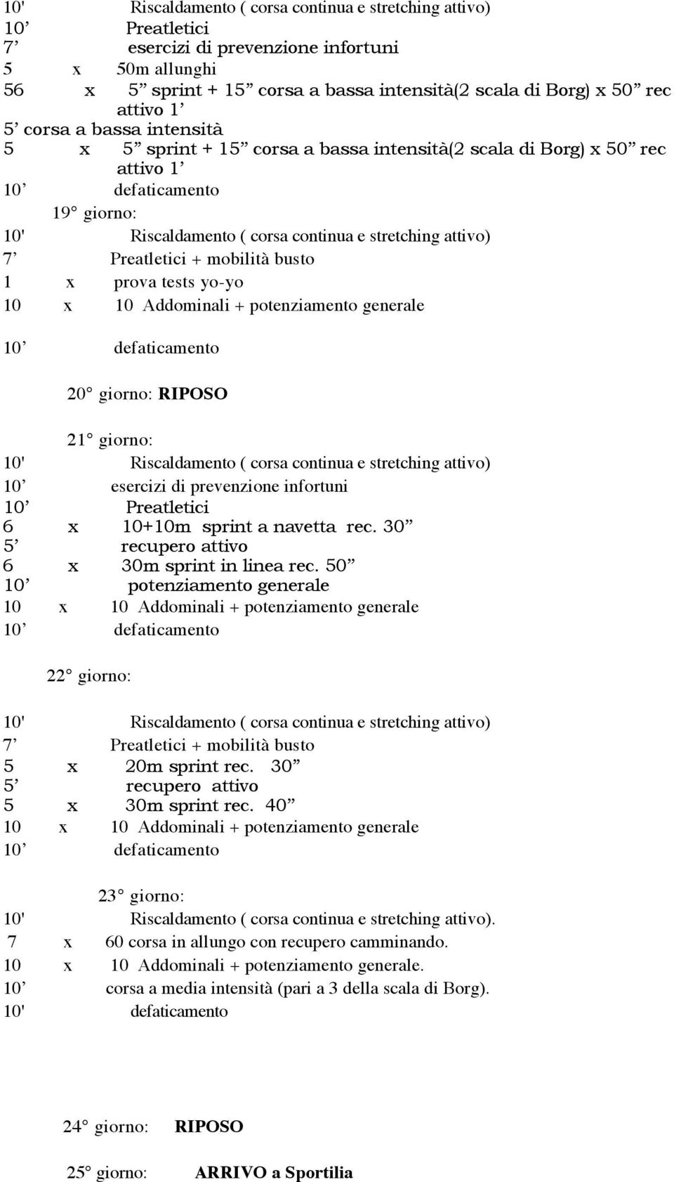 Preatletici 6 x 10+10m sprint a navetta rec. 30 5 recupero attivo 6 x 30m sprint in linea rec. 50 10 potenziamento generale 10 x 10 Addominali + potenziamento generale 22 giorno: 5 x 20m sprint rec.
