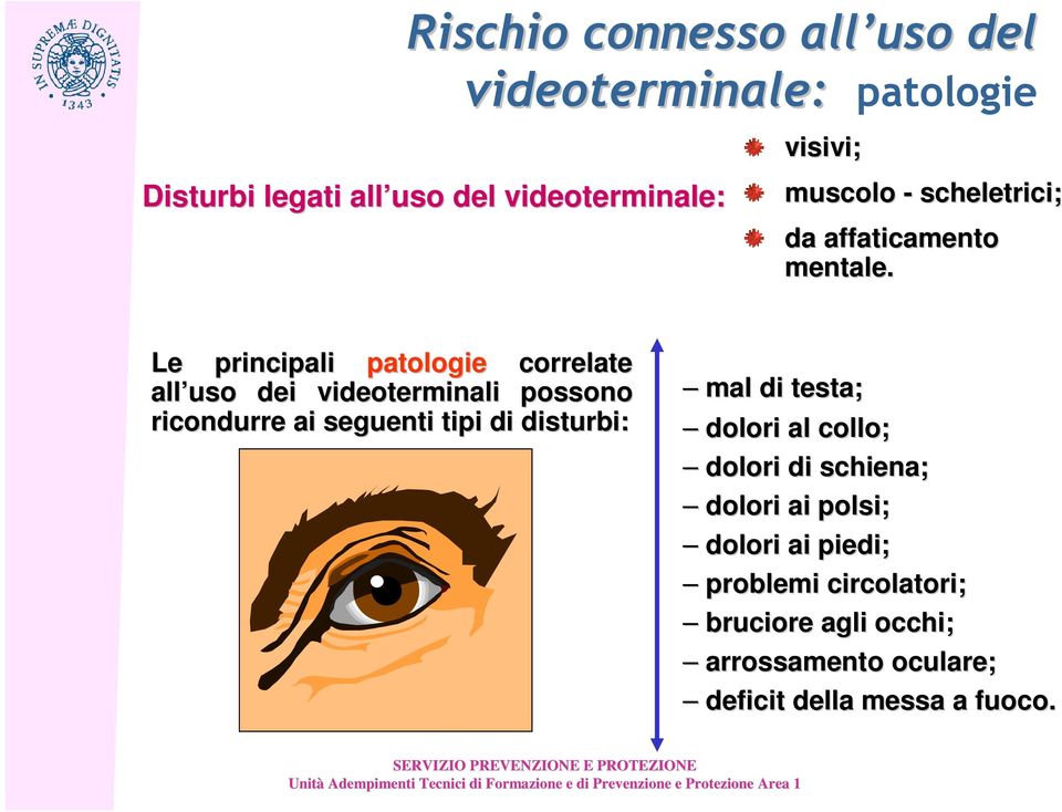 Le principali patologie correlate all uso dei videoterminali possono ricondurre ai seguenti tipi di disturbi: