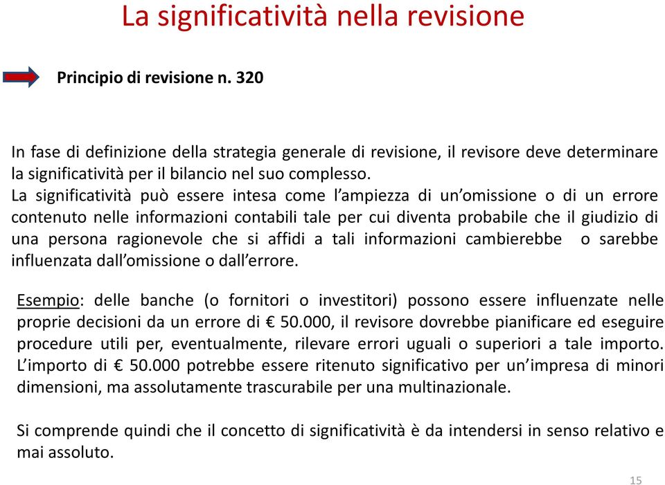 La significatività può essere intesa come l ampiezza di un omissione o di un errore contenuto nelle informazioni contabili tale per cui diventa probabile che il giudizio di una persona ragionevole