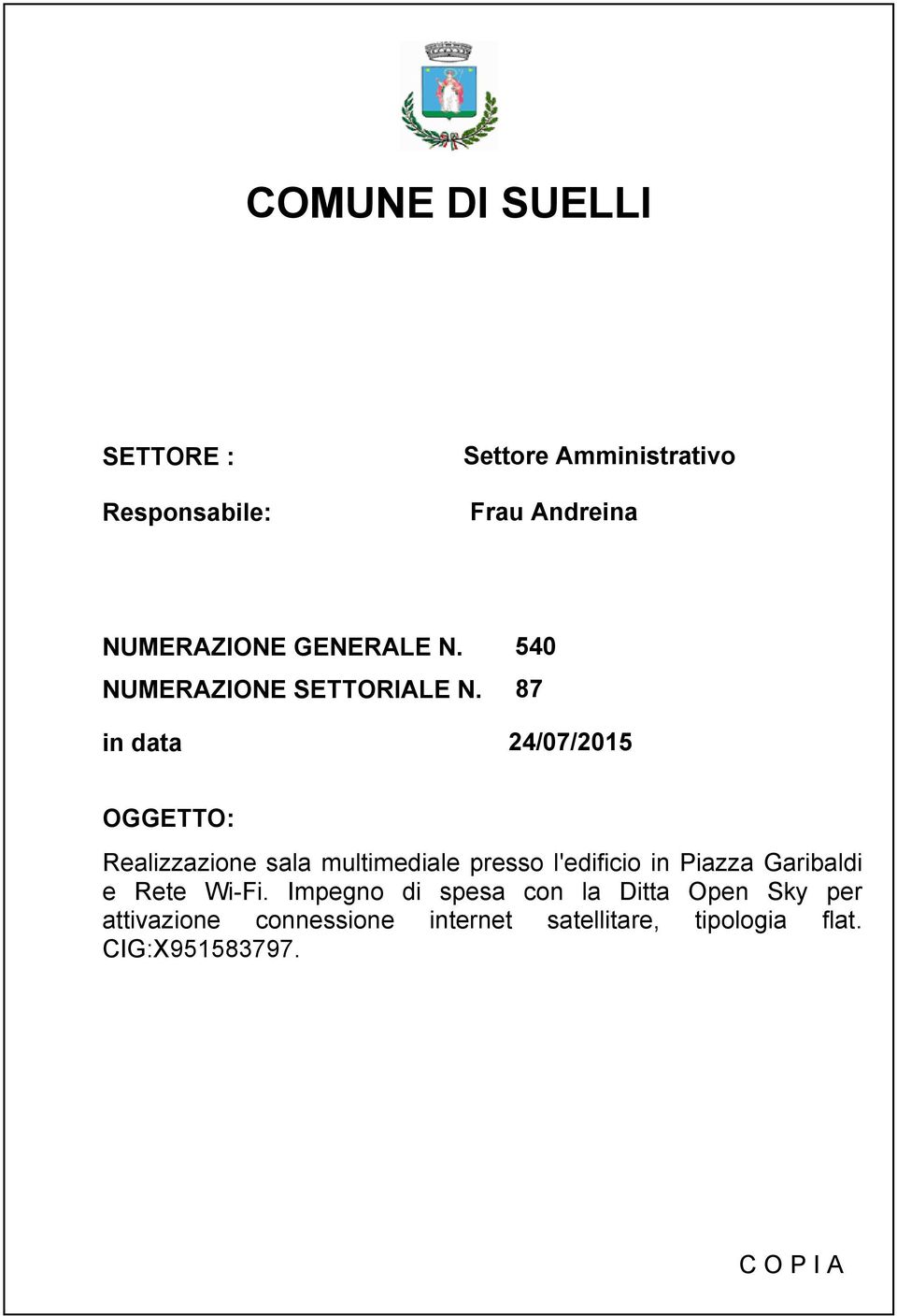 87 in data 24/07/2015 OGGETTO: Realizzazione sala multimediale presso l'edificio in Piazza