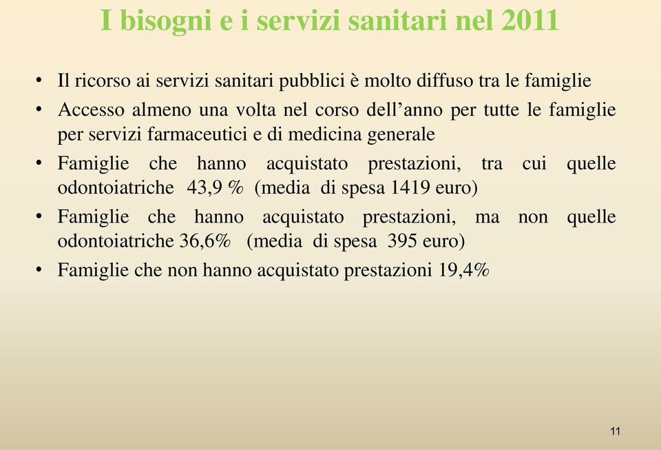 hanno acquistato prestazioni, tra cui quelle odontoiatriche 43,9 % (media di spesa 1419 euro) Famiglie che hanno