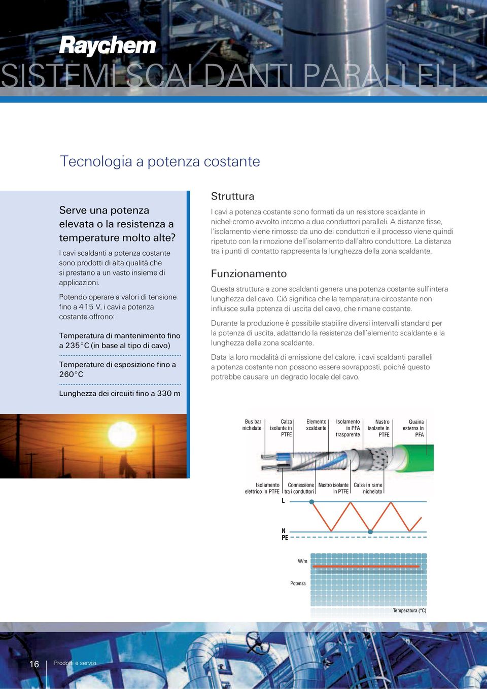 Potendo operare a valori di tensione fino a 415 V, i cavi a potenza costante offrono: Temperatura di mantenimento fino a 235 C (in base al tipo di cavo) Temperature di esposizione fino a 260 C