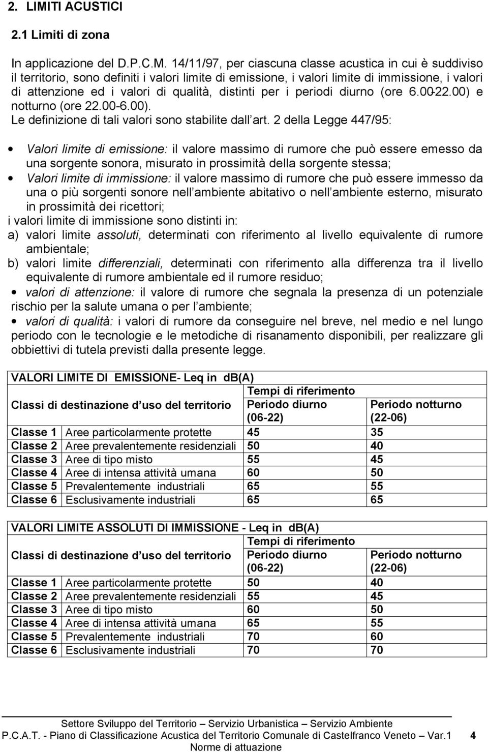 14/11/97, per ciascuna classe acustica in cui è suddiviso il territorio, sono definiti i valori limite di emissione, i valori limite di immissione, i valori di attenzione ed i valori di qualità,