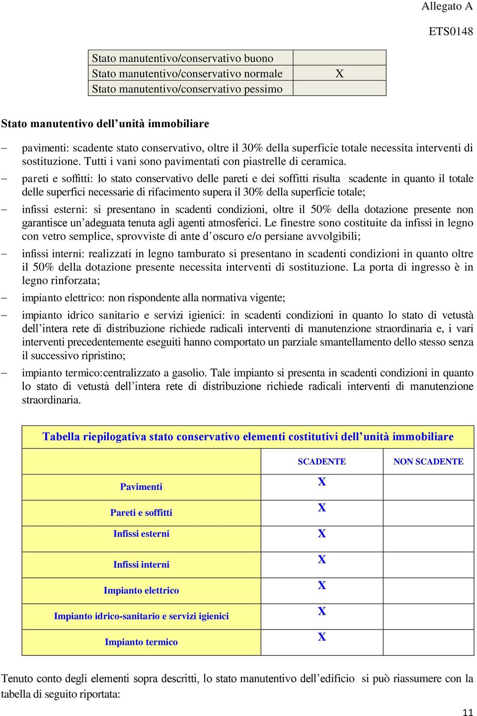 pareti e soffitti: lo stato conservativo delle pareti e dei soffitti risulta scadente in quanto il totale delle superfici necessarie di rifacimento supera il 30% della superficie totale; infissi