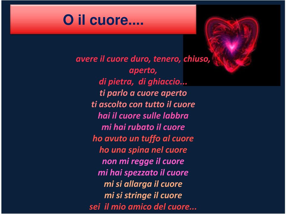 rubato il cuore ho avuto un tuffo al cuore ho una spina nel cuore non mi regge il cuore