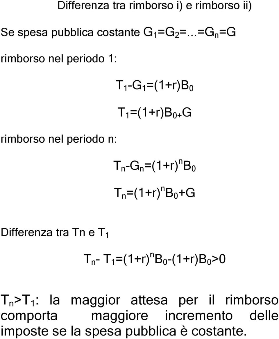 -G n =(1+r) n B 0 T n =(1+r) n B 0 +G Differenza tra Tn e T 1 T n - T 1 =(1+r) n B 0 -(1+r)B 0 >0