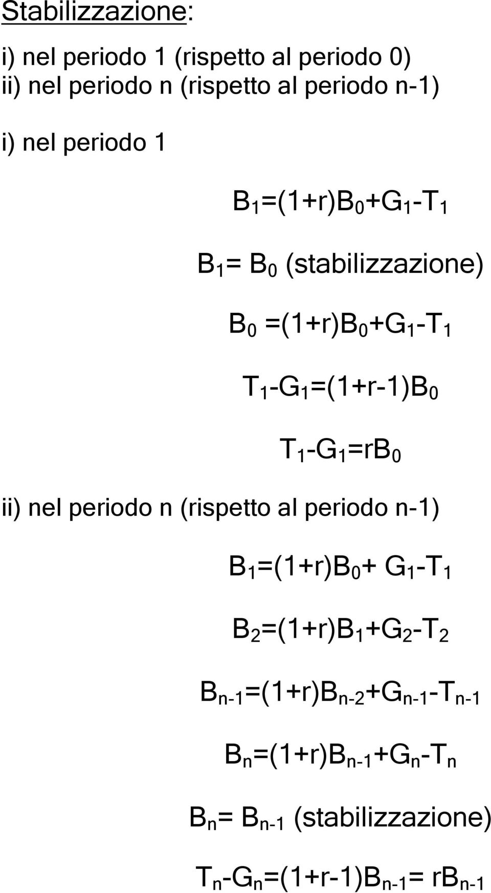-G 1 =rb 0 ii) nel periodo n (rispetto al periodo n-1) B 1 =(1+r)B 0 + G 1 -T 1 B 2 =(1+r)B 1 +G 2 -T 2 B n-1