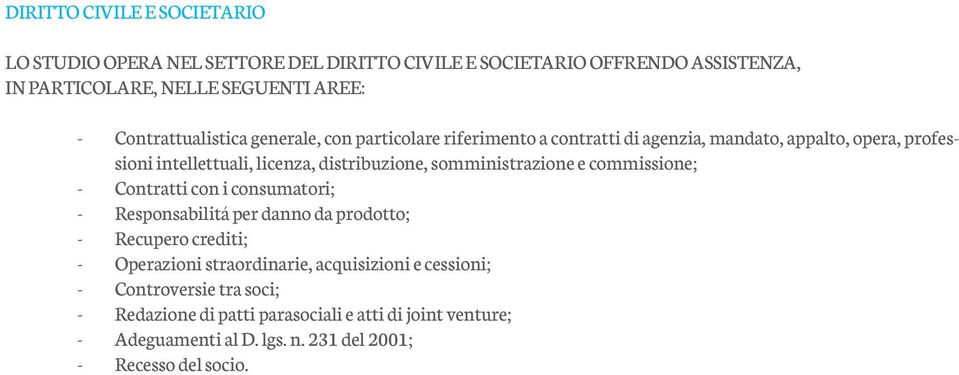 somministrazione e commissione; - Contratti con i consumatori; - Responsabilitá per danno da prodotto; - Recupero crediti; - Operazioni straordinarie,