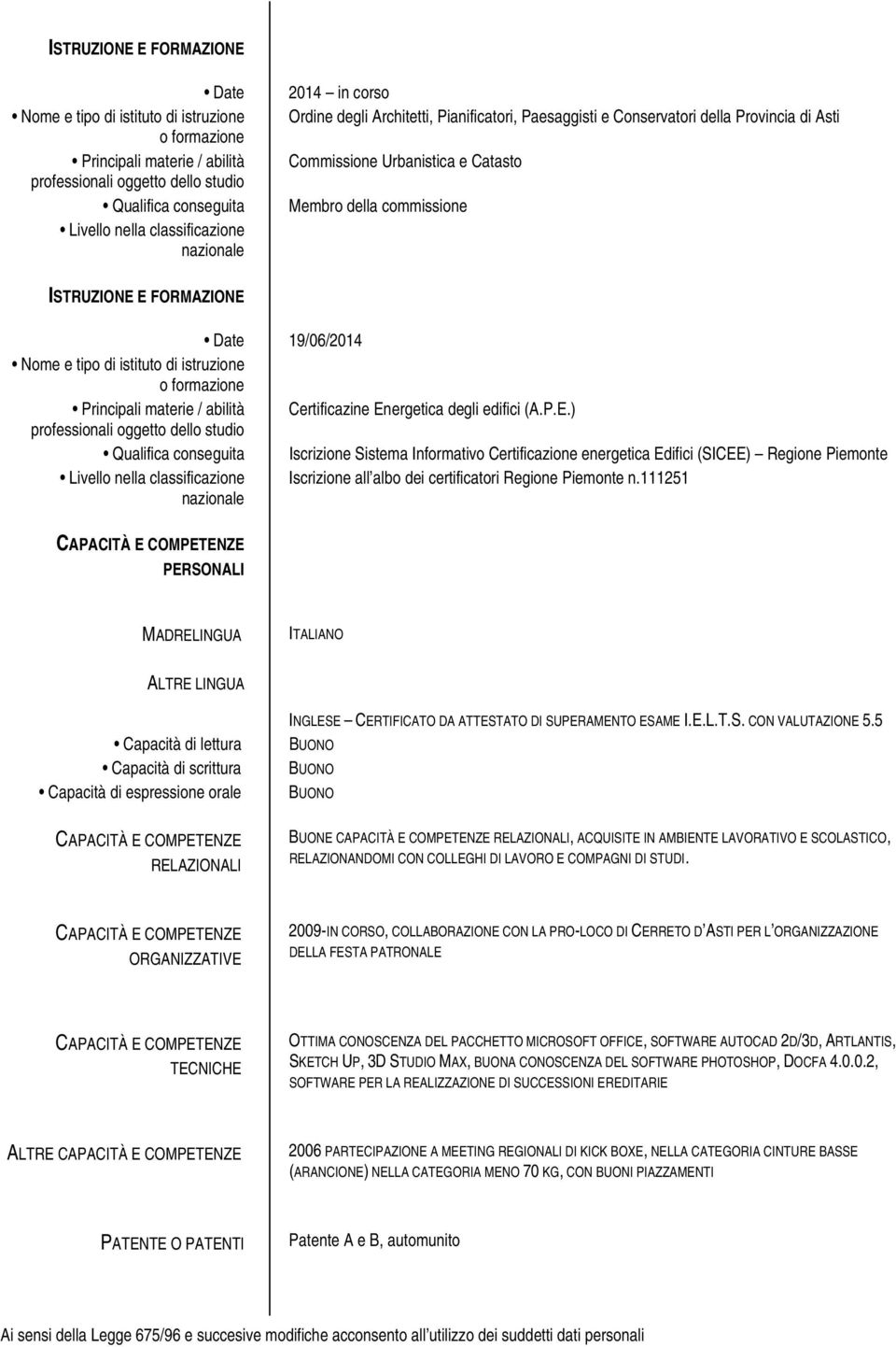 ergetica degli edifici (A.P.E.) Qualifica conseguita Iscrizione Sistema Informativo Certificazione energetica Edifici (SICEE) Regione Piemonte Iscrizione all albo dei certificatori Regione Piemonte n.