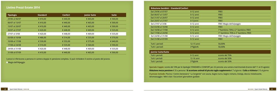 535,00 560,00 590,00 24/08 al 31/08 420,00 448,00 469,00 535,00 31/08 al 07/09 410,00 440,00 465,00 500,00 I prezzi si riferiscono a persona in camera doppia in pensione completa.