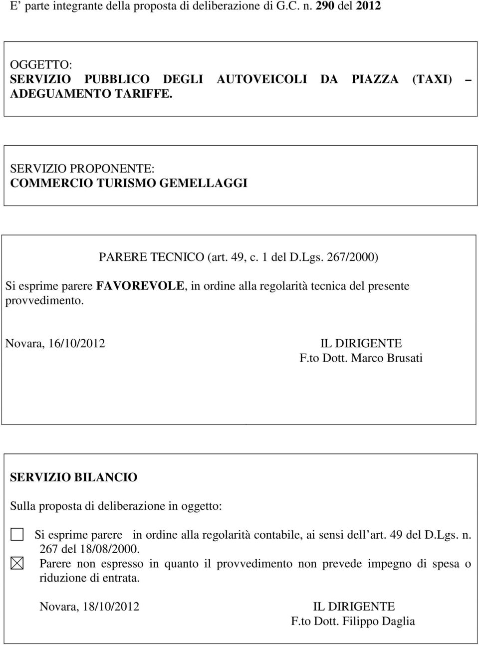 267/2000) Si esprime parere FAVOREVOLE, in ordine alla regolarità tecnica del presente provvedimento. Novara, 16/10/2012 IL DIRIGENTE F.to Dott.