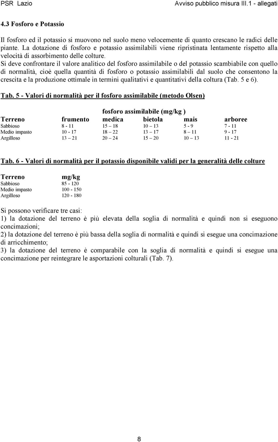 Si deve confrontare il valore analitico del fosforo assimilabile o del potassio scambiabile con quello di normalità, cioè quella quantità di fosforo o potassio assimilabili dal suolo che consentono