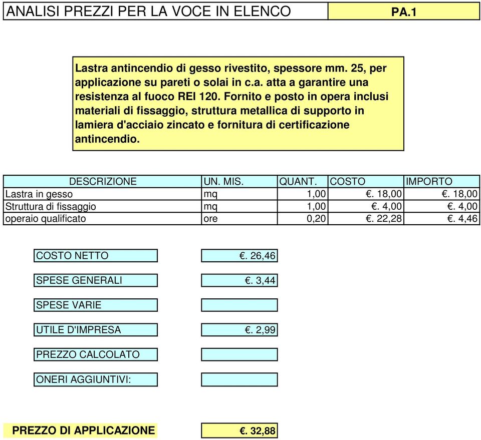 fornitura di certificazione antincendio. Lastra in gesso Struttura di fissaggio mq 1,00. 18,00. 18,00 mq 1,00. 4,00.