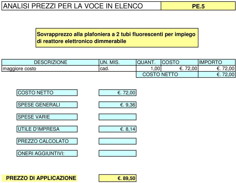 costo cad. 1,00. 72,00. 72,00 COSTO NETTO.