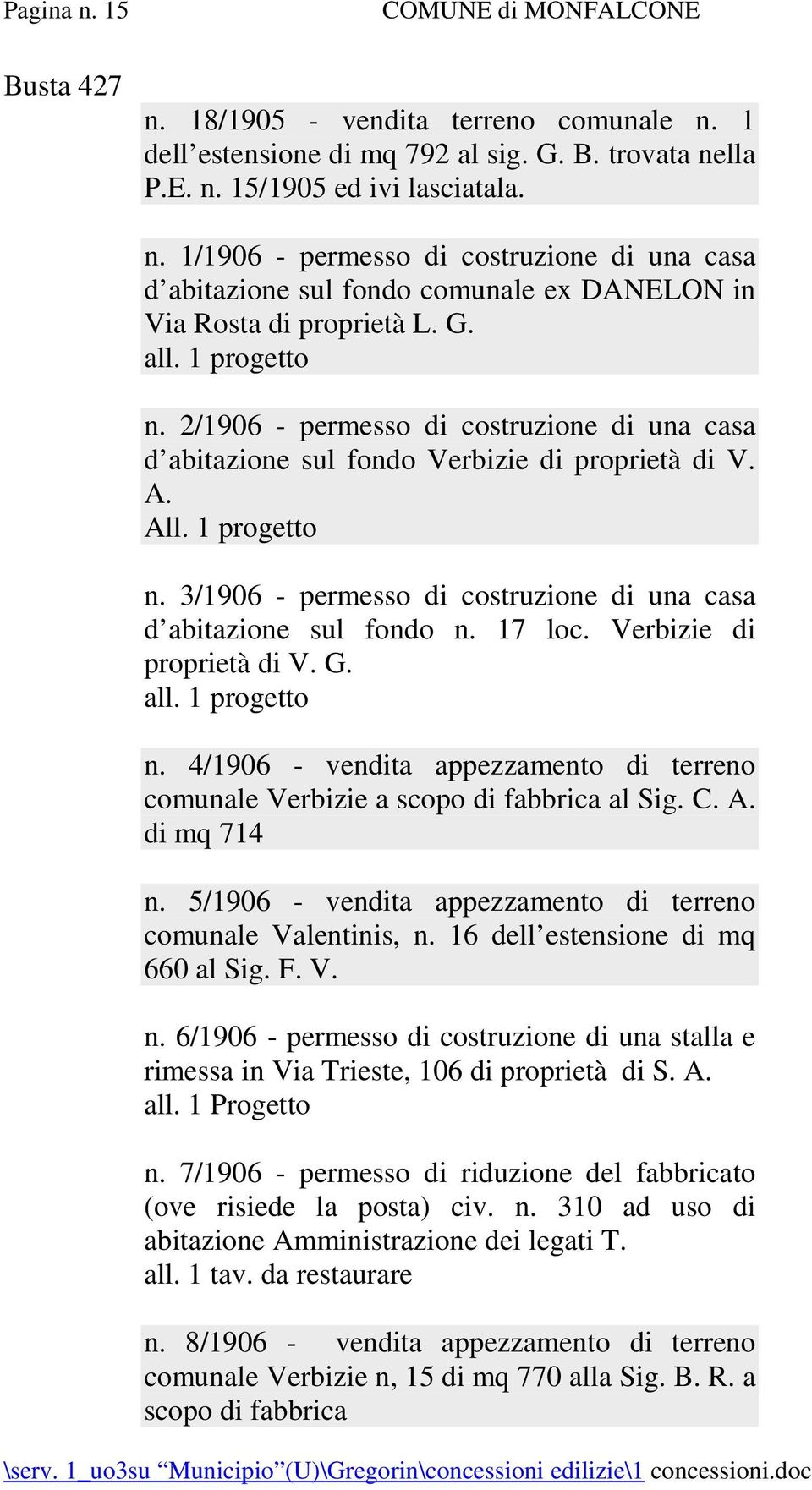 17 loc. Verbizie di proprietà di V. G. all. 1 progetto n. 4/1906 - vendita appezzamento di terreno comunale Verbizie a scopo di fabbrica al Sig. C. A. di mq 714 n.