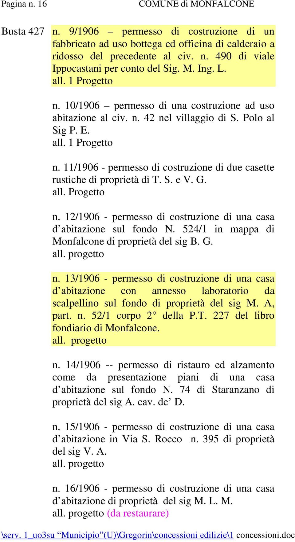 S. e V. G. all. Progetto n. 12/1906 - permesso di costruzione di una casa d abitazione sul fondo N. 524/1 in mappa di Monfalcone di proprietà del sig B. G. n. 13/1906 - permesso di costruzione di una casa d abitazione con annesso laboratorio da scalpellino sul fondo di proprietà del sig M.