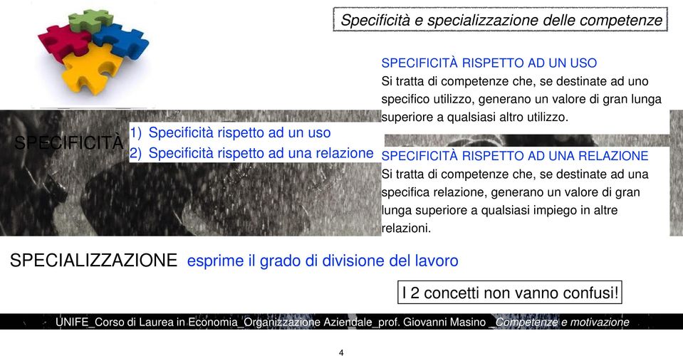 SPECIFICITÀ RISPETTO AD UNA RELAZIONE Si tratta di competenze che, se destinate ad una specifica relazione, generano un valore di gran lunga superiore a qualsiasi impiego in