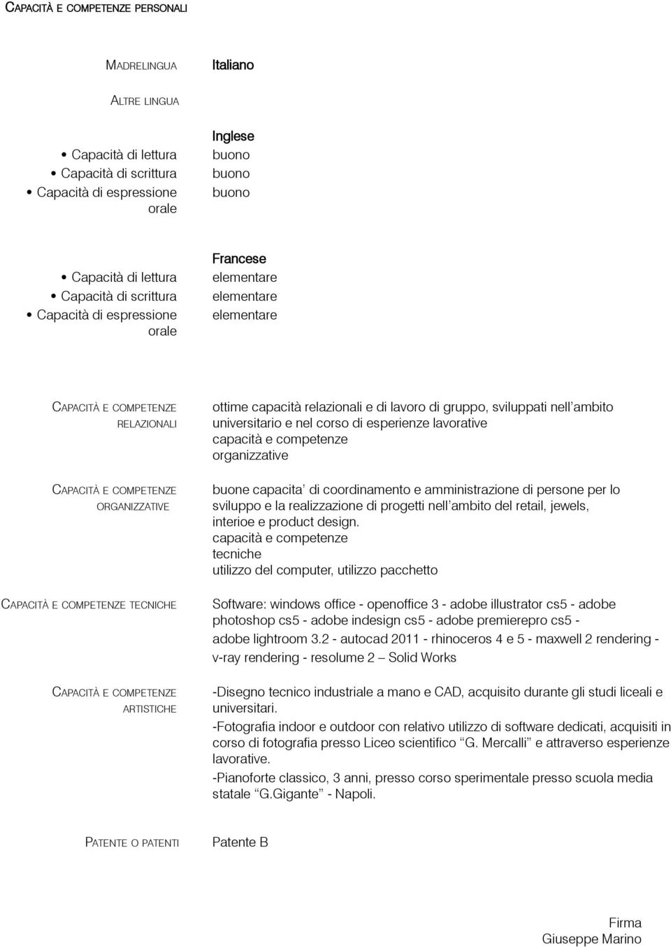 organizzative buone capacita di coordinamento e amministrazione di persone per lo sviluppo e la realizzazione di progetti nell ambito del retail, jewels, interioe e product design.