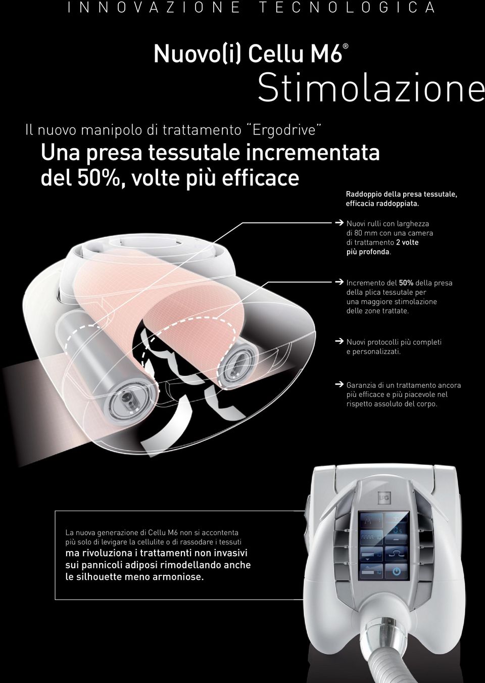 Incremento del 50% della presa della plica tessutale per una maggiore stimolazione delle zone trattate. Nuovi protocolli più completi e personalizzati.