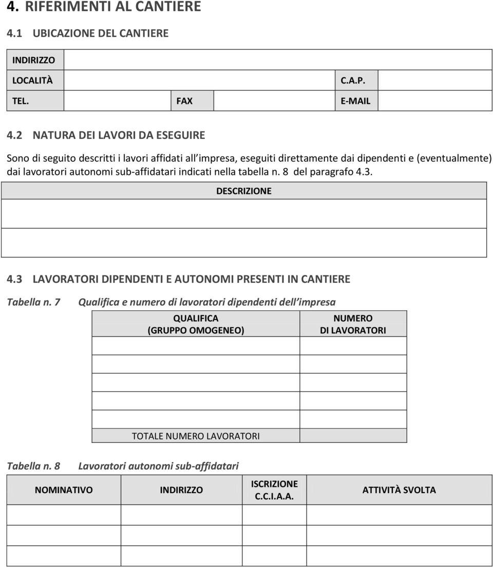 autonomi sub-affidatari indicati nella tabella n. 8 del paragrafo 4.3. DESCRIZIONE 4.3 LAVORATORI DIPENDENTI E AUTONOMI PRESENTI IN CANTIERE Tabella n.