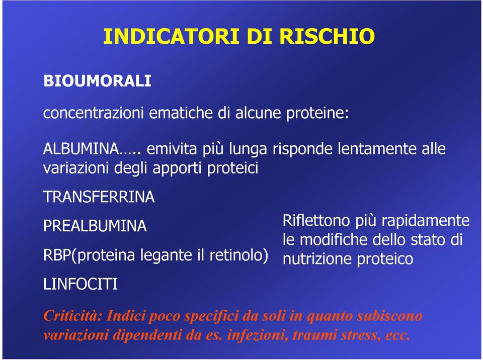 RBP(proteina legante il retinolo) LINFOCITI Riflettono più rapidamente le modifiche dello stato di