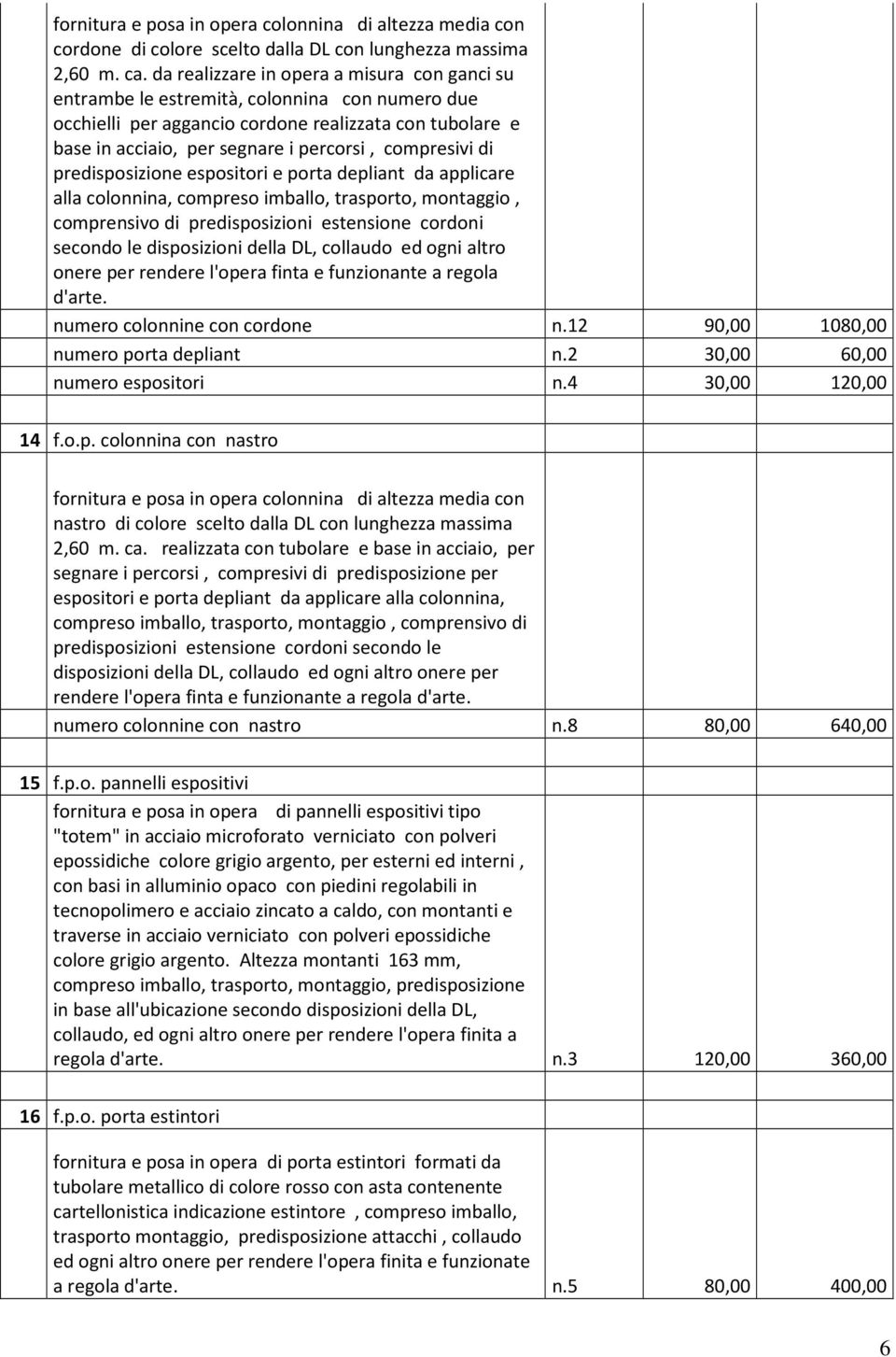 compresivi di predisposizione espositori e porta depliant da applicare alla colonnina, compreso imballo, trasporto, montaggio, comprensivo di predisposizioni estensione cordoni secondo le