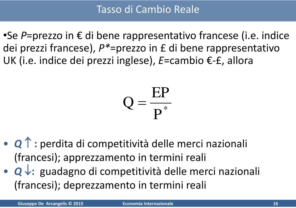 (francesi); apprezzamento in termini reali Q : guadagno di competitività delle merci nazionali (francesi);