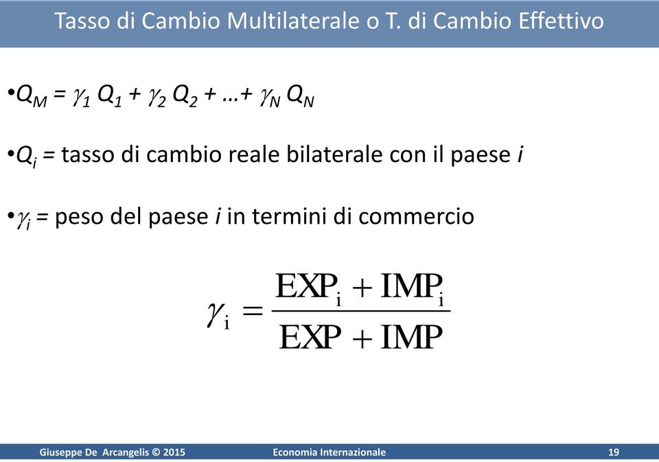 cambio reale bilaterale con il paese i i = peso del paese i in