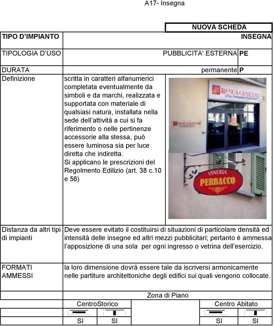 10 e 56) NUOVA SCHEDA INSEGNA PUBBLICITA' ESTERNA PE Distanza da altri tipi Deve essere evitato il costituirsi di situazioni di particolare densità ed intensità delle insegne ed altri mezzi