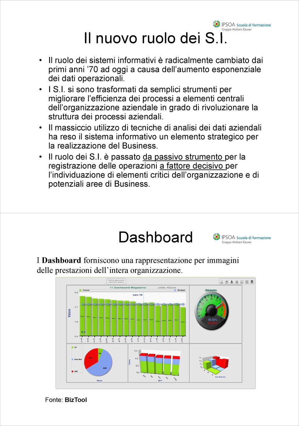 Dashboard I Dashboard forniscono una rappresentazione per immagini delle prestazioni dell intera organizzazione. Fonte: BizTool