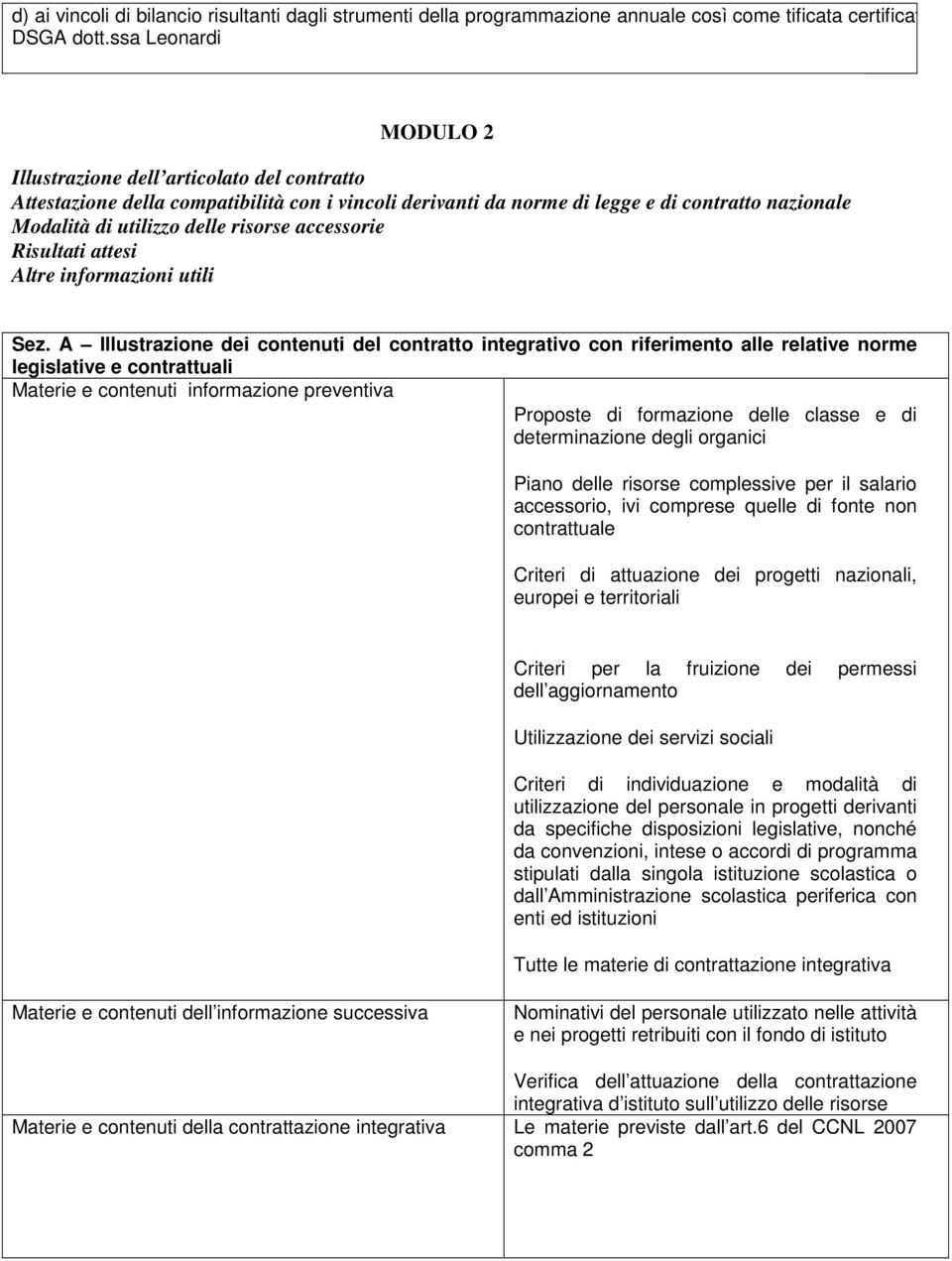 risorse accessorie Risultati attesi Altre informazioni utili Sez.