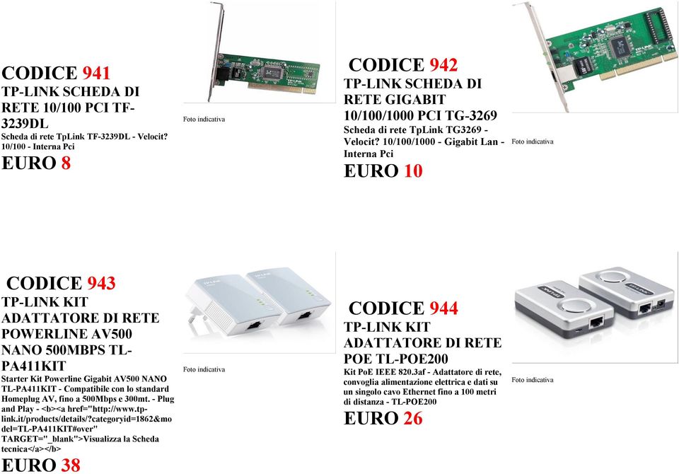 10/100/1000 - Gigabit Lan - Interna Pci EURO 10 CODICE 943 POWERLINE AV500 NANO 500MBPS TL- PA411KIT Starter Kit Powerline Gigabit AV500 NANO TL-PA411KIT - Compatibile con lo