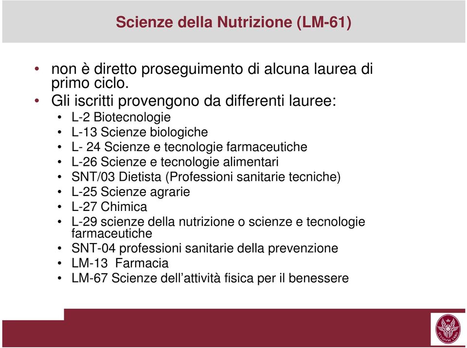 L-26 Scienze e tecnologie alimentari SNT/03 Dietista (Professioni sanitarie tecniche) L-25 Scienze agrarie L-27 Chimica L-29