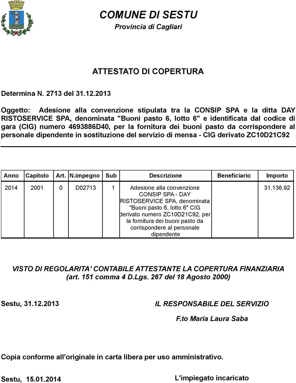 la fornitura dei buoni pasto da corrispondere al personale dipendente in sostituzione del servizio di mensa - CIG derivato ZC10D21C92 Anno Capitolo Art. N.