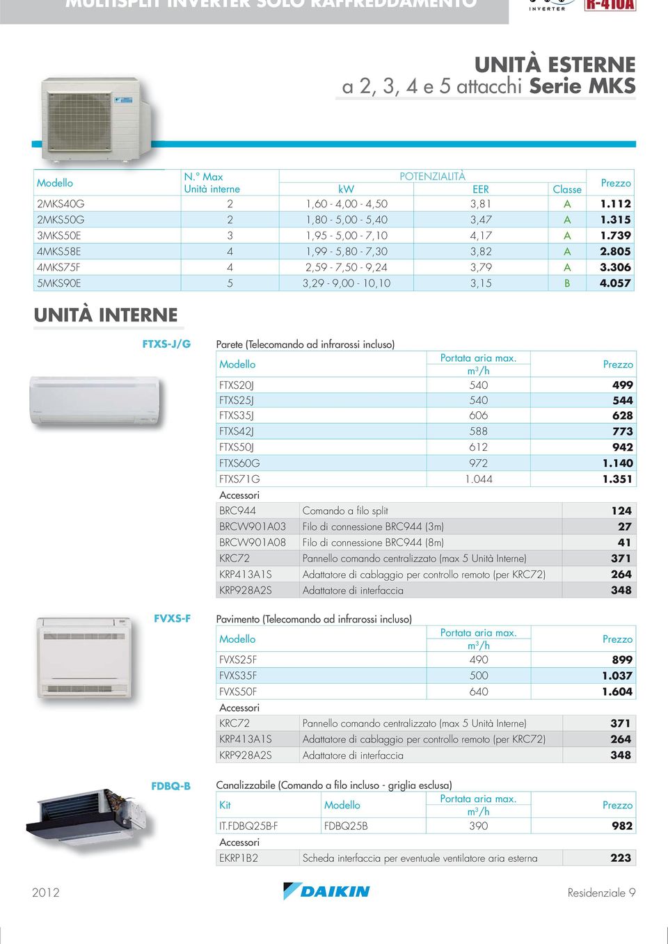 057 UNITÀ INTERNE FTXS-J/G FVXS-F Parete (Telecomando ad infrarossi incluso) FTXS20J 540 499 FTXS25J 540 544 FTXS35J 606 628 FTXS42J 588 773 FTXS50J 612 942 FTXS60G 972 1.140 FTXS71G 1.044 1.