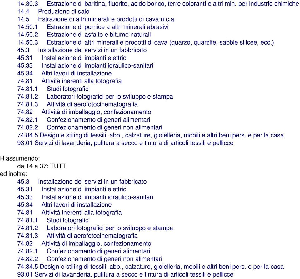 3 Installazione dei servizi in un fabbricato 45.31 Installazione di impianti elettrici 45.33 Installazione di impianti idraulico-sanitari 45.34 Altri lavori di installazione 74.