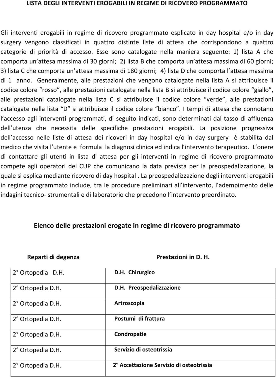 Esse sono catalogate nella maniera seguente: 1) lista A che comporta un attesa massima di 30 giorni; 2) lista B che comporta un attesa massima di 60 giorni; 3) lista C che comporta un attesa massima