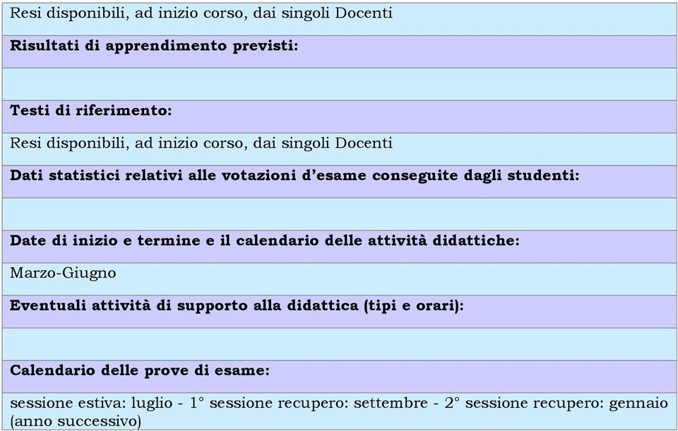 Marzo-Giugno Eventuali attività di supporto alla didattica (tipi e orari): Calendario delle prove di