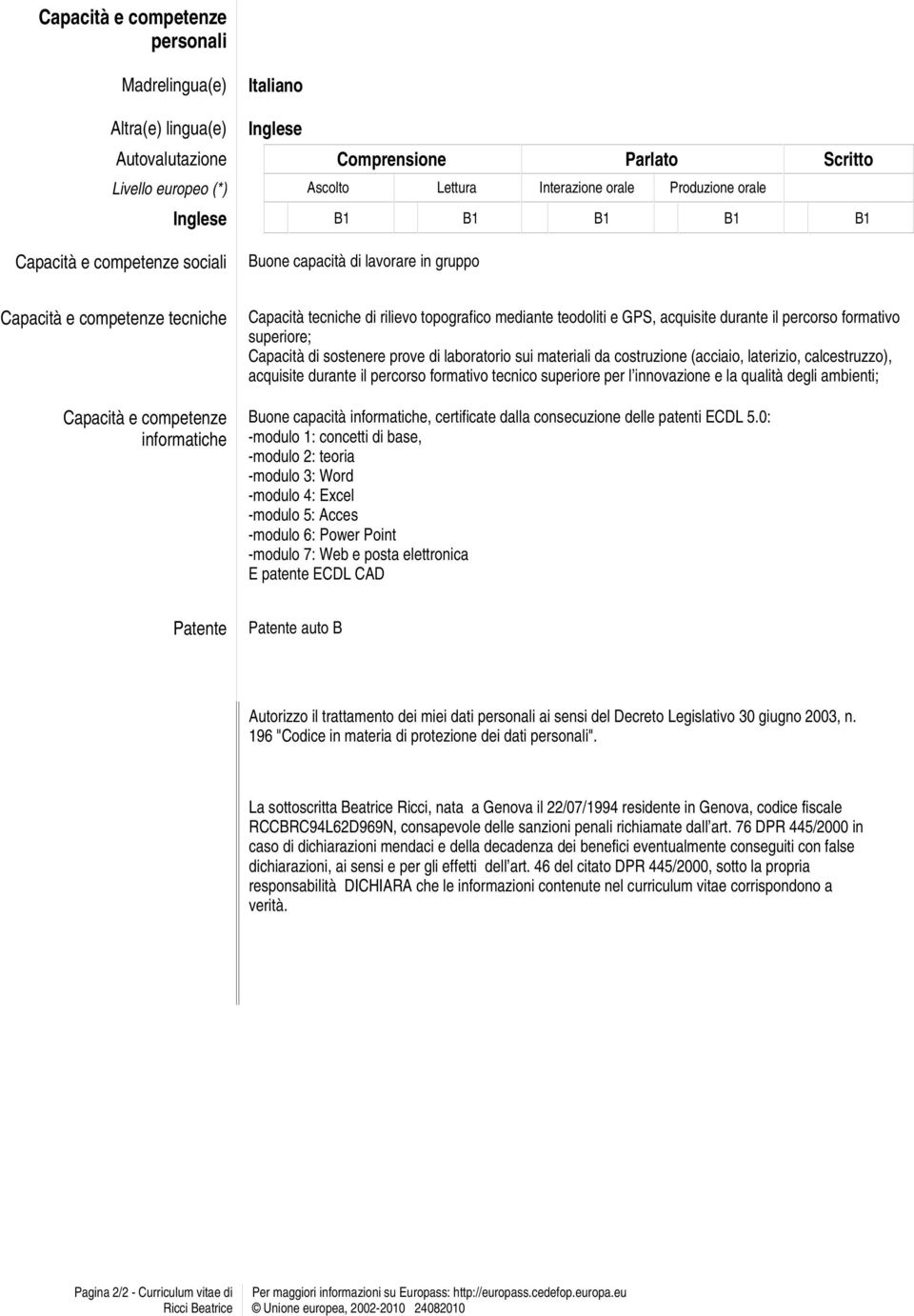 mediante teodoliti e GPS, acquisite durante il percorso formativo superiore; Capacità di sostenere prove di laboratorio sui materiali da costruzione (acciaio, laterizio, calcestruzzo), acquisite