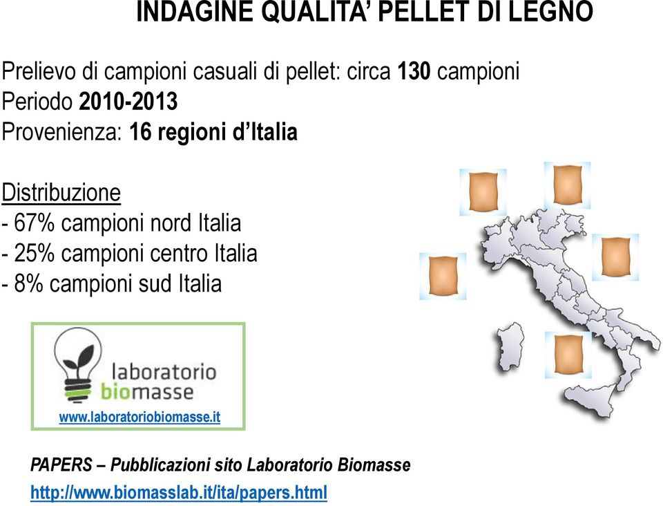 campioni centro Italia - 8% campioni sud Italia INDAGINE QUALITA PELLET DI LEGNO www.