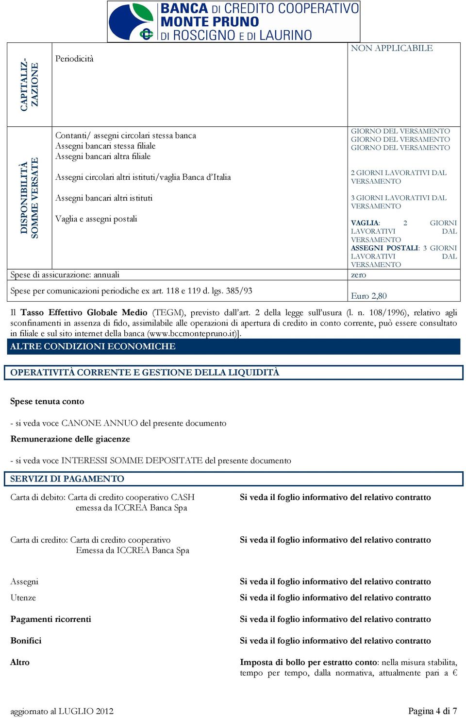 385/93 GIORNO DEL GIORNO DEL GIORNO DEL 2 GIORNI LAVORATIVI DAL 3 GIORNI LAVORATIVI DAL VAGLIA: 2 GIORNI LAVORATIVI DAL ASSEGNI POSTALI: 3 GIORNI LAVORATIVI DAL Euro 2,80 Il Tasso Effettivo Globale