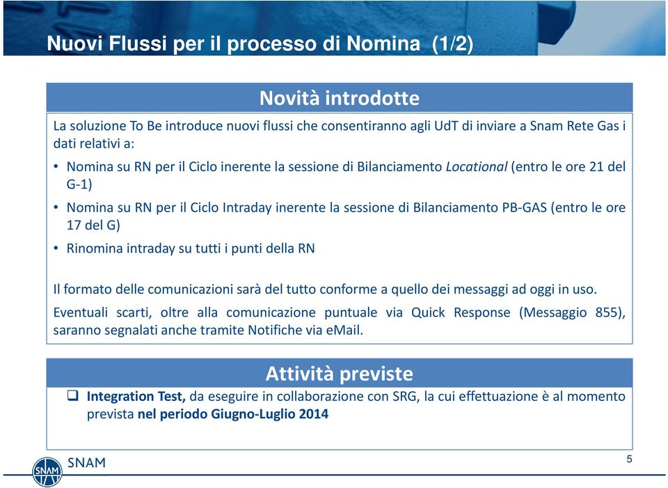 intraday su tutti i punti della RN Il formato delle comunicazioni sarà del tutto conforme a quello dei messaggi ad oggi in uso.