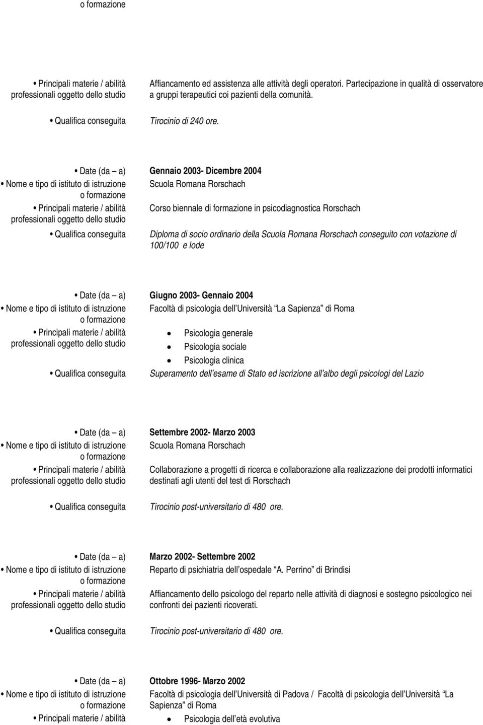 Date (da a) Gennaio 2003- Dicembre 2004 Nome e tipo di istituto di istruzione Scuola Romana Rorschach Principali materie / abilità Corso biennale di formazione in psicodiagnostica Rorschach