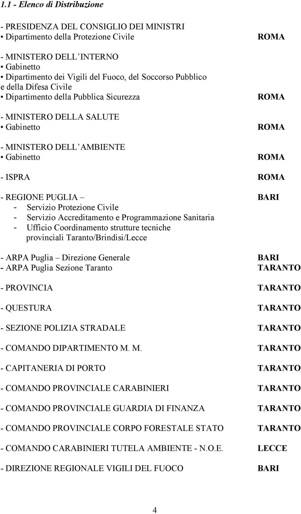 Protezione Civile - Servizio Accreditamento e Programmazione Sanitaria - Ufficio Coordinamento strutture tecniche provinciali Taranto/Brindisi/Lecce - ARPA Puglia Direzione Generale BARI - ARPA