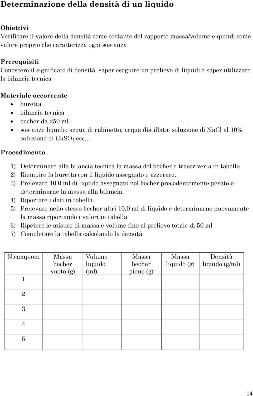 liquide: acqua di rubinetto, acqua distillata, soluzione di NaCl al 10%, soluzione di CuSO4 ecc 1) Determinare alla bilancia tecnica la massa del becher e trascriverla in tabella.