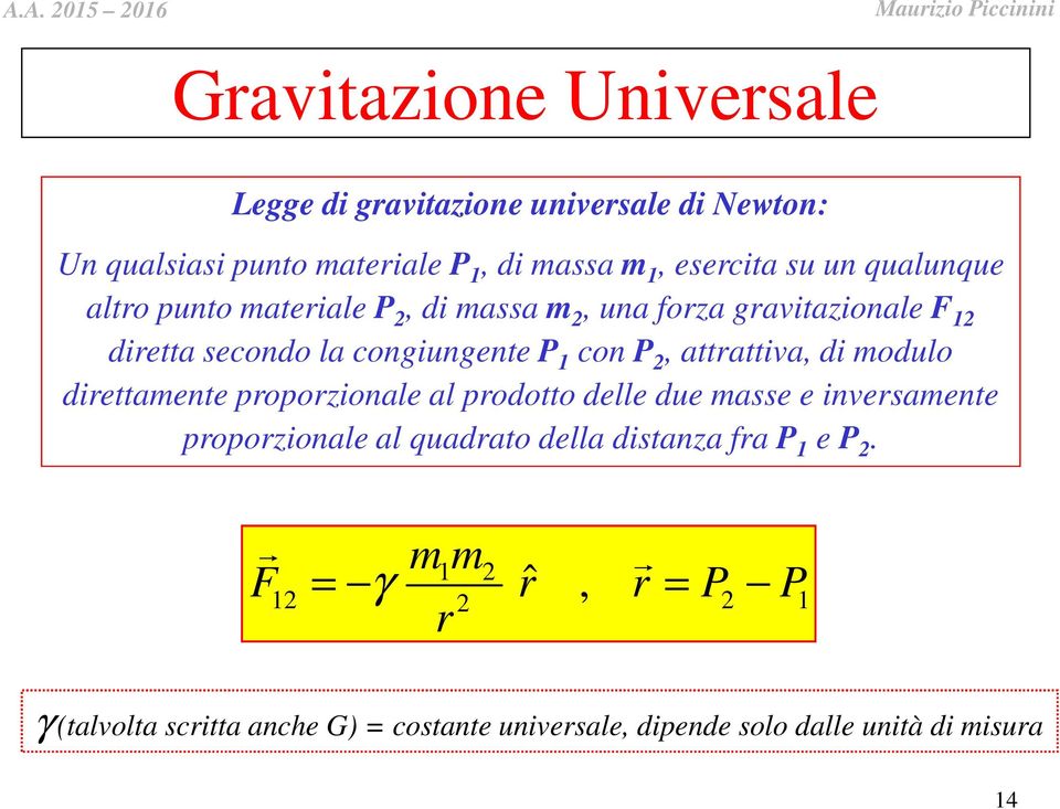 coniunente P 1 con P, attattiva, di modulo diettamente popozionale al podotto delle due masse e invesamente popozionale al