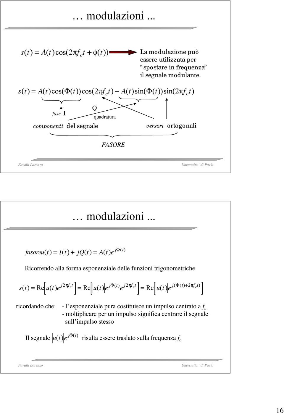 .. Φ t fasore ut () = It () + jqt () = Atej () Ricorrendo alla forma esponenziale delle funzioni trigonometriche j π f c t j () t j f c t j ( ( t ) f c t ) = [ ] = Φ π [ ] = Φ + π [ ]