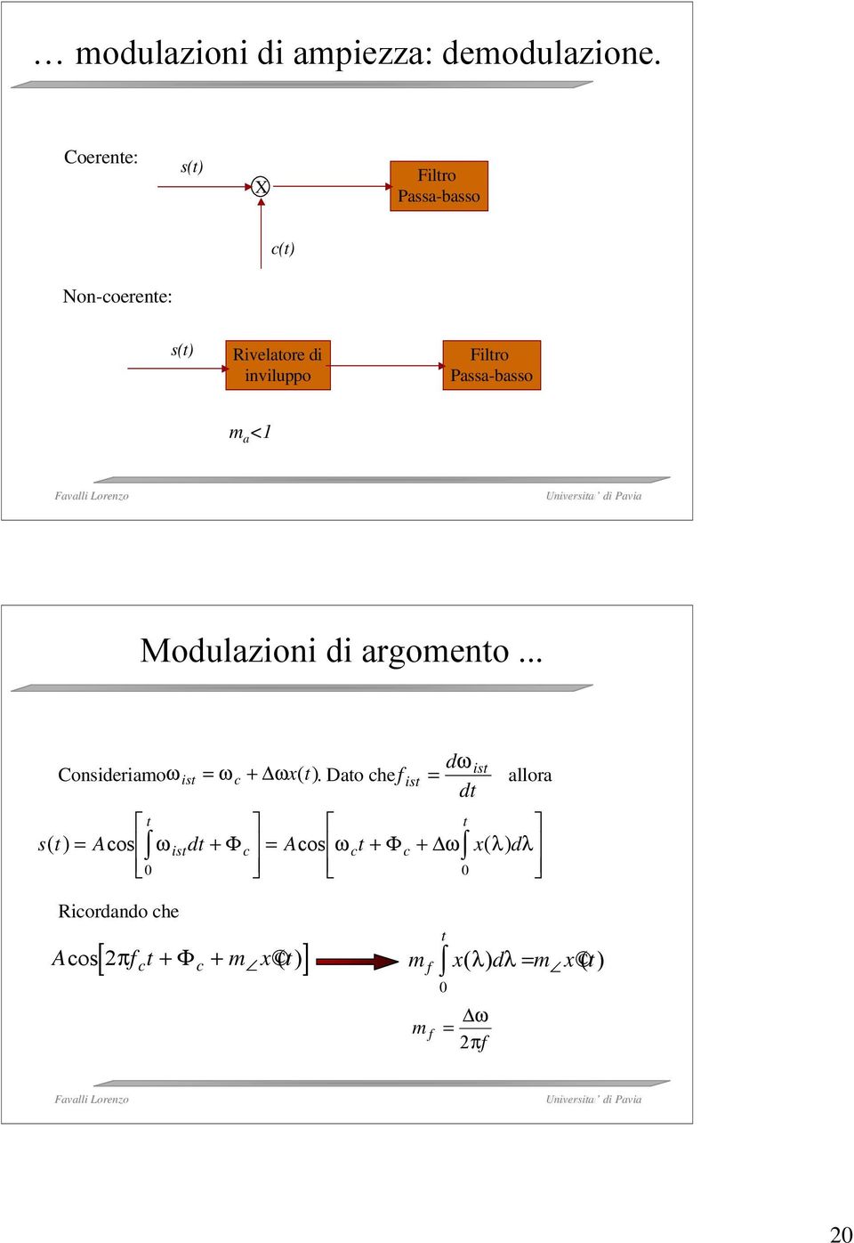 Passa-basso m a < Modulazioni di argomento... d ωist = ωc + ωxt () f ist = ω ist Consideriamo.