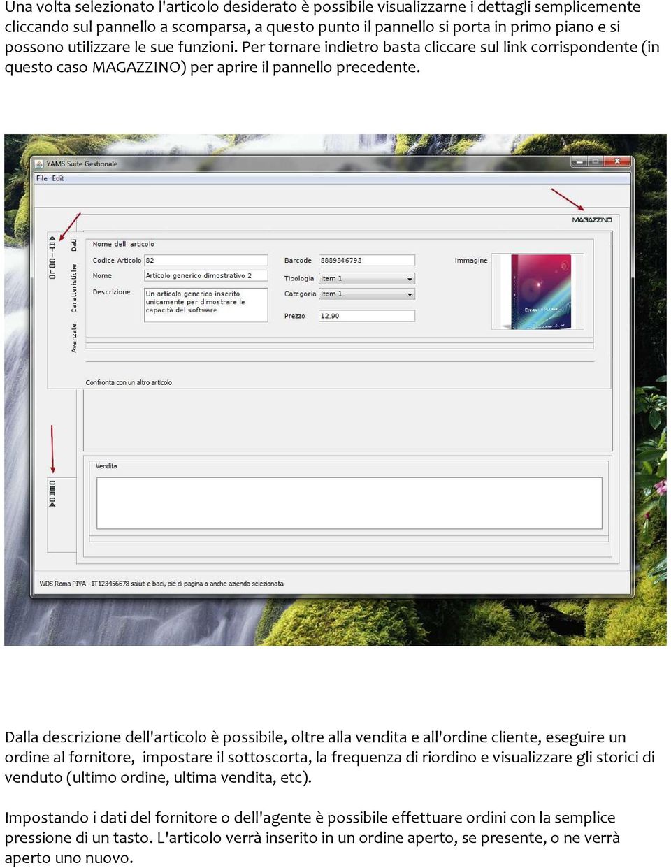 Dalla descrizione dell'articolo è possibile, oltre alla vendita e all'ordine cliente, eseguire un ordine al fornitore, impostare il sottoscorta, la frequenza di riordino e visualizzare gli storici