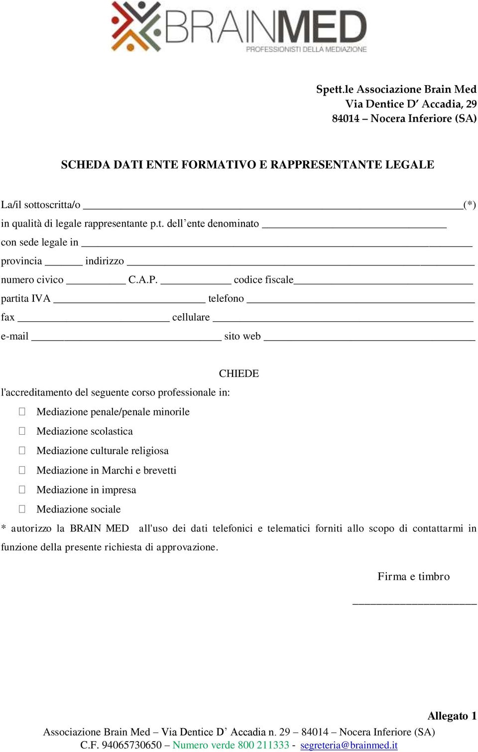 rappresentante p.t. dell ente denominato con sede legale in provincia indirizzo numero civico C.A.P.